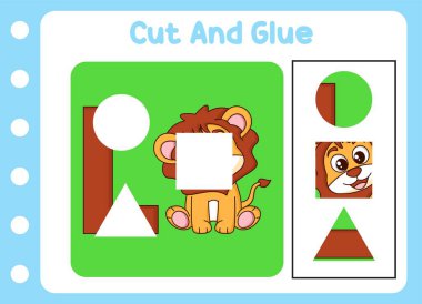 Kes ve yapıştır sevimli hayvan aslanı. çocuk bulmacası.