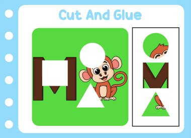 Hayvanları kes ve yapıştır şirin maymun. çocuk bulmacası.