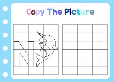 Hayvanın resmini kopyala. Çocuklar için tatlı deniz gergedanı eğitimi.