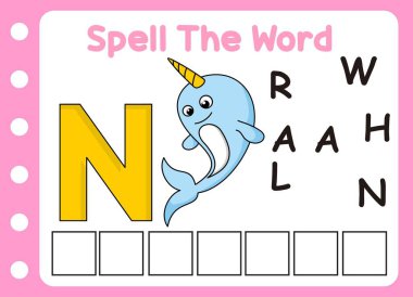 Tatlı deniz gergedanı kelimesini hecele. Sevimli küçük aslan ve N harfi