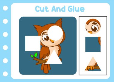 Hayvanları kes ve yapıştır sevimli baykuş. çocuk bulmacası.