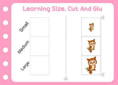 Öğrenme boyutu, kesim ve yapıştırma sevimli baykuş. çocuk eğitimi ve öğrenimi