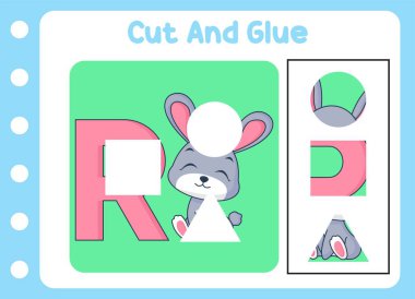 Hayvanları kes ve yapıştır şirin tavşan. çocuk bulmacası.