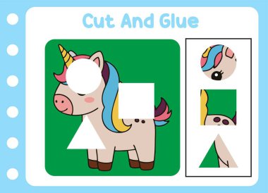 Hayvanı kes ve yapıştır şirin tek boynuzlu at. çocuk bulmacası.