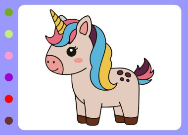 Şirin, küçük tek boynuzlu at çizgi filmi çizimi. Çizgi film tek boynuzlu at vektör çizimi.