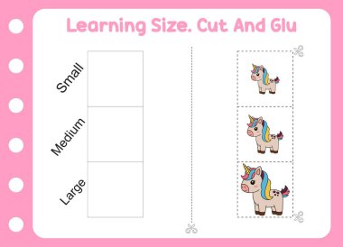 Öğrenme boyutu, kesme ve yapıştırma şirin tek boynuzlu at. çocuk eğitimi ve öğrenimi