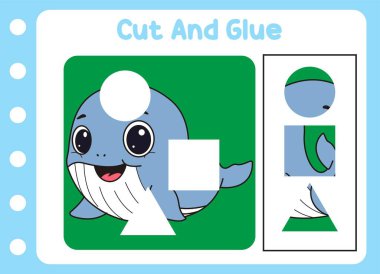 Hayvanları kes ve yapıştır şirin balina. çocuk bulmacası.