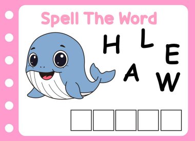 Şirin balina kelimesini hecele. Sevimli küçük bir balina.