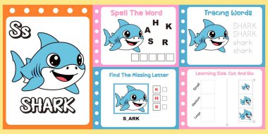 Çalışma kağıtları çocuklar için şirin bir köpekbalığı vektörü.