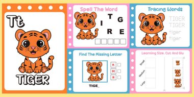 Çalışma kağıtları çocuklar için şirin bir kaplan vektörü..