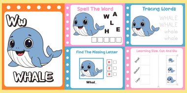 Çalışma kağıtları çocuklar için şirin bir balina vektörü.