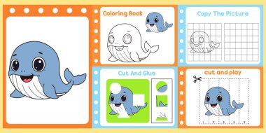 Çalışma kağıtları çocuklar için şirin bir balina vektörü.