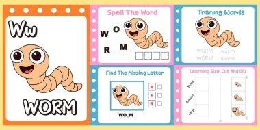 Çalışma kağıtları çocuklar için şirin bir solucan vektörü. resimleme