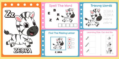 Çalışma kağıtları çocuklar için küçük bir zebra vektörü.