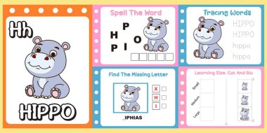 Çalışma kağıtları çocuklar için küçük şirin bir hipopotam vektörü.