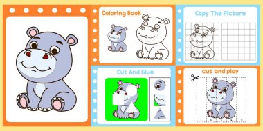 Çalışma kağıtları çocuklar için şirin bir hipopotam taşıyıcısı. resimleme