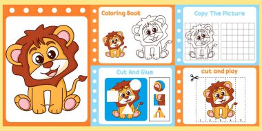 Çalışma kağıtları çocuklar için şirin bir aslan vektörü..