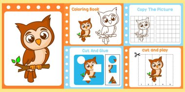 Çalışma kağıtları çocuklar için küçük şirin bir baykuş vektörü.