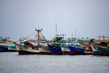 Paracas 'ta teknelerde balıkçılık yapan balıkçılar deniz ve doğa manzaralı, Peru kıyı manzaralı.