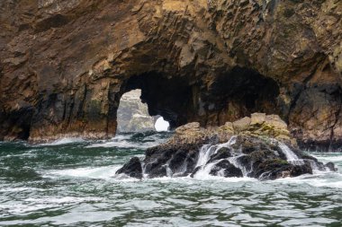 Peru 'daki Ballestas Adaları engebeli kayalıklarıyla bilinen deniz kuşları yaban hayatı ve çarpıcı okyanus manzaralı canlı doğal güzellik.