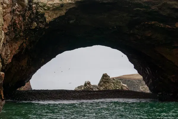 Peru 'daki Ballestas Adaları engebeli kayalıklarıyla bilinen deniz kuşları yaban hayatı ve çarpıcı okyanus manzaralı canlı doğal güzellik.