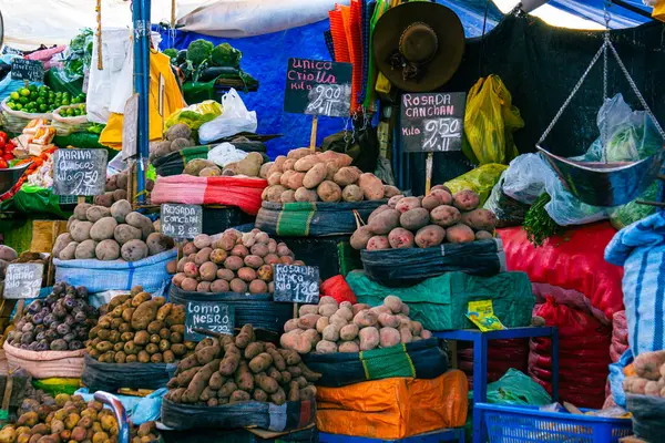 Canlı bir Peru pazarı, farklı patates çeşitlerini, eşsiz şekilleri, renkleri ve tarımsal mirası temsil eden dokuları gösteriyor.