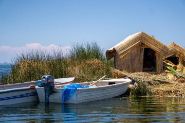 View of Floating Uros Islands on Lake Titicaca in Peru with Reed Houses Built on Water Surrounded by Tranquil Blue Waters clipart