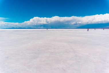 Uyuni Tuz Sahasının Sonsuz Beyaz Peyzajı Açık Güneş Gününde Bolivya Altiplanosunda Çarpıcı Bir Doğal Kontrastda Mavi Gökyüzü ile Karşılaşıyor