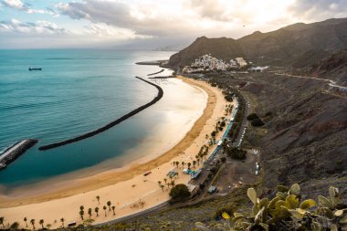 Tenerife İspanya 'daki Las Teresitas sahili Palmiye ağaçları ve sakin Atlantik Okyanusu