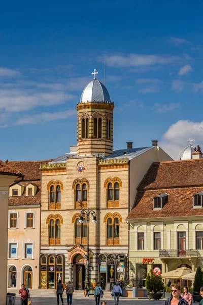 stock image Brasov, Romania. The Orthodox Church of the Birth of the Mother of God at Council Square -Piata Sfatului - in downtown of Brasov, Romania.