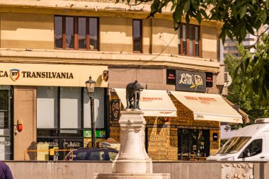 Bükreş, Romanya - Capitoline Wolf 'un (Lupa Capitolina) bronz heykeli, Roma' nın efsanevi kurucuları Romulus ve Remus 'un ikiz bebeklerini emziren dişi bir kurdu resmediyor..