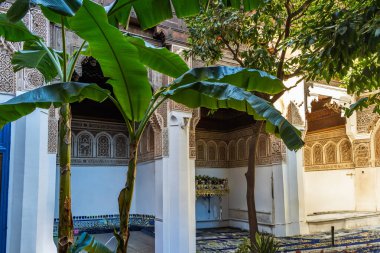 MARRAKESH, FOCCO - Haziran 05, 2017 Bahia Sarayı 'ndaki bahçe. 19. yüzyılın sonlarında Marakeş 'te bir saray. Günümüzde şehrin en ünlü tarihi anıtı ve turistik yeridir..