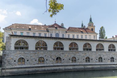 En çok Mesarski, kasap köprüsü, asma kilitli köprü Ljubljanica Nehri boyunca uzanırken, Ljubljana Merkez Pazarı ve Saint Nicholas Katedrali ve Ljubljana Şatosu, Slovenya.