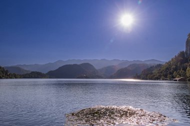 Slovenya 'nın arka planında ormanlı dağlar bulunan Bled Gölü