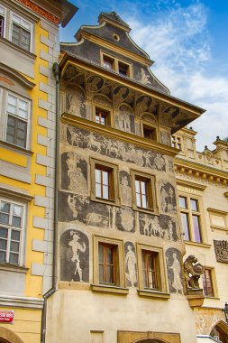 House at the Minute or Dum U Minuty in Czech, on Old Town Square in Prague, Franz Kafka home in Czech Republic with Old Renaissance Sgraffitto Mural Paintings clipart