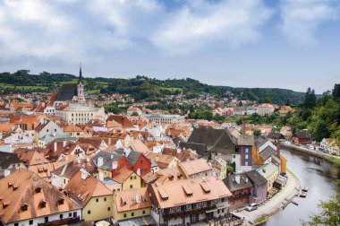 Çek Cumhuriyeti. Cesky Krumlov 'un Panoraması. Şehir UNESCO 'nun Dünya Mirası Bölgesi.