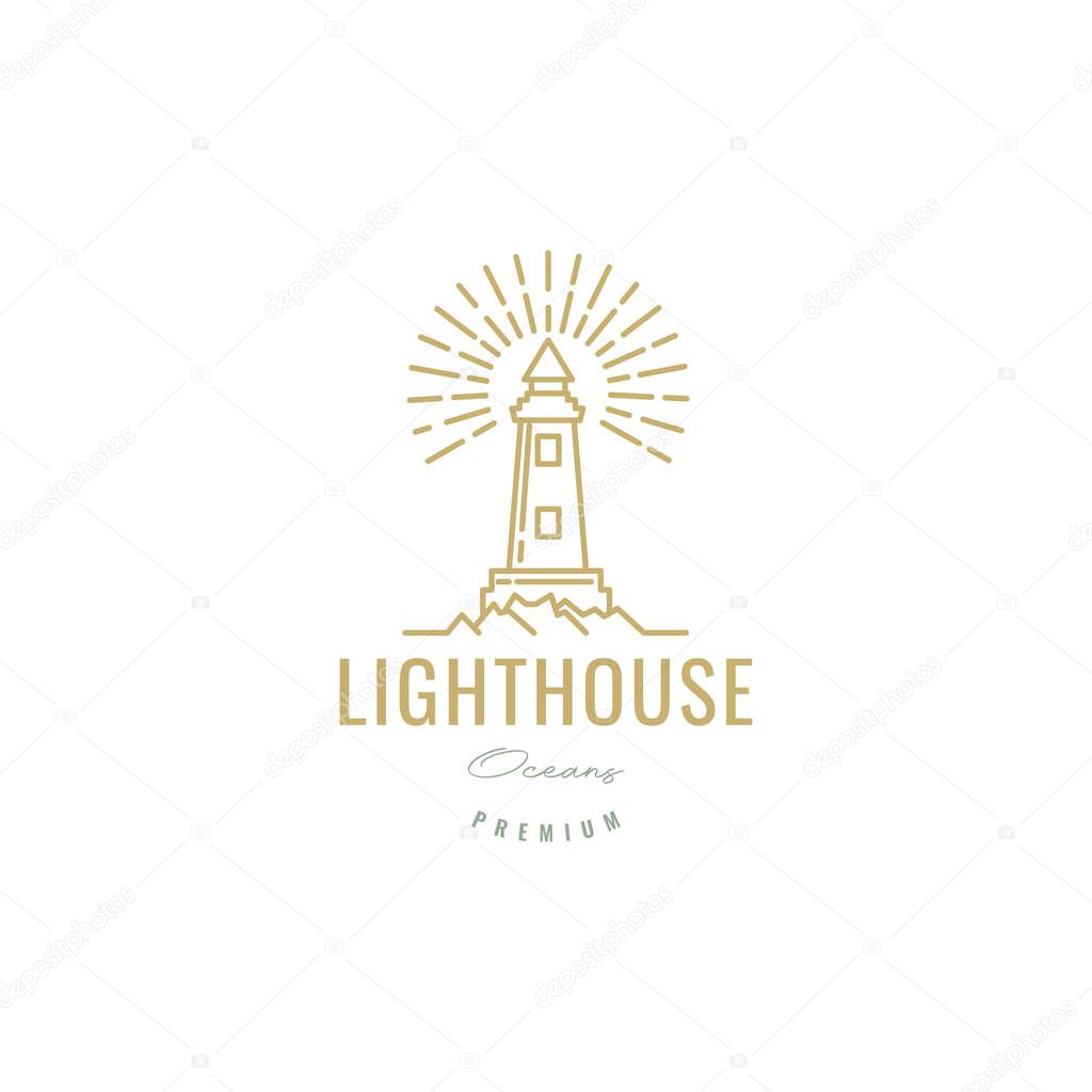 Lighthouse with sun brush line vintage logo design