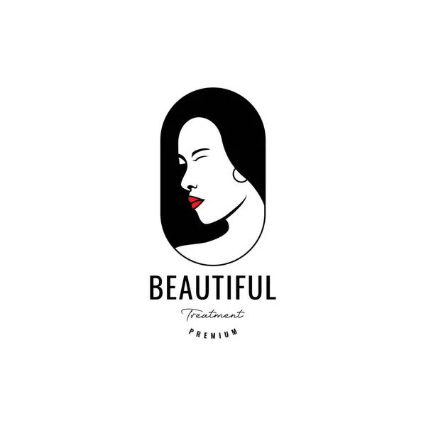 Όμορφη Γυναίκα Πρόσωπο Μακριά Μαλλιά Και Χείλη Λογότυπο Διάνυσμα Σχεδιασμού — Διανυσματικό Αρχείο