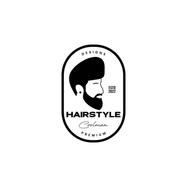 サイドビュークールな男は髪のスタイルのユニークなバッジヴィンテージロゴデザインベクトルで髭 — ストックベクタ