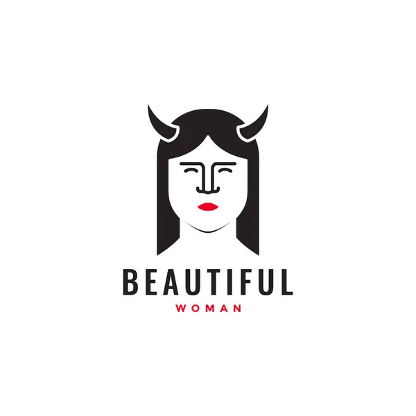 Όμορφη Γυναίκα Πρόσωπο Κέρατο Λογότυπο Σχεδιασμό Διάνυσμα — Διανυσματικό Αρχείο