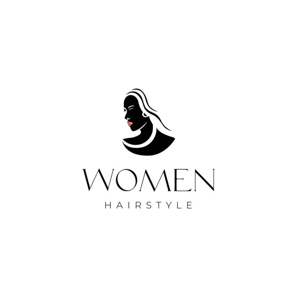 Belle Femme Cheveux Longs Lèvres Rouges Minimaliste Logo Design Vecteur — Image vectorielle