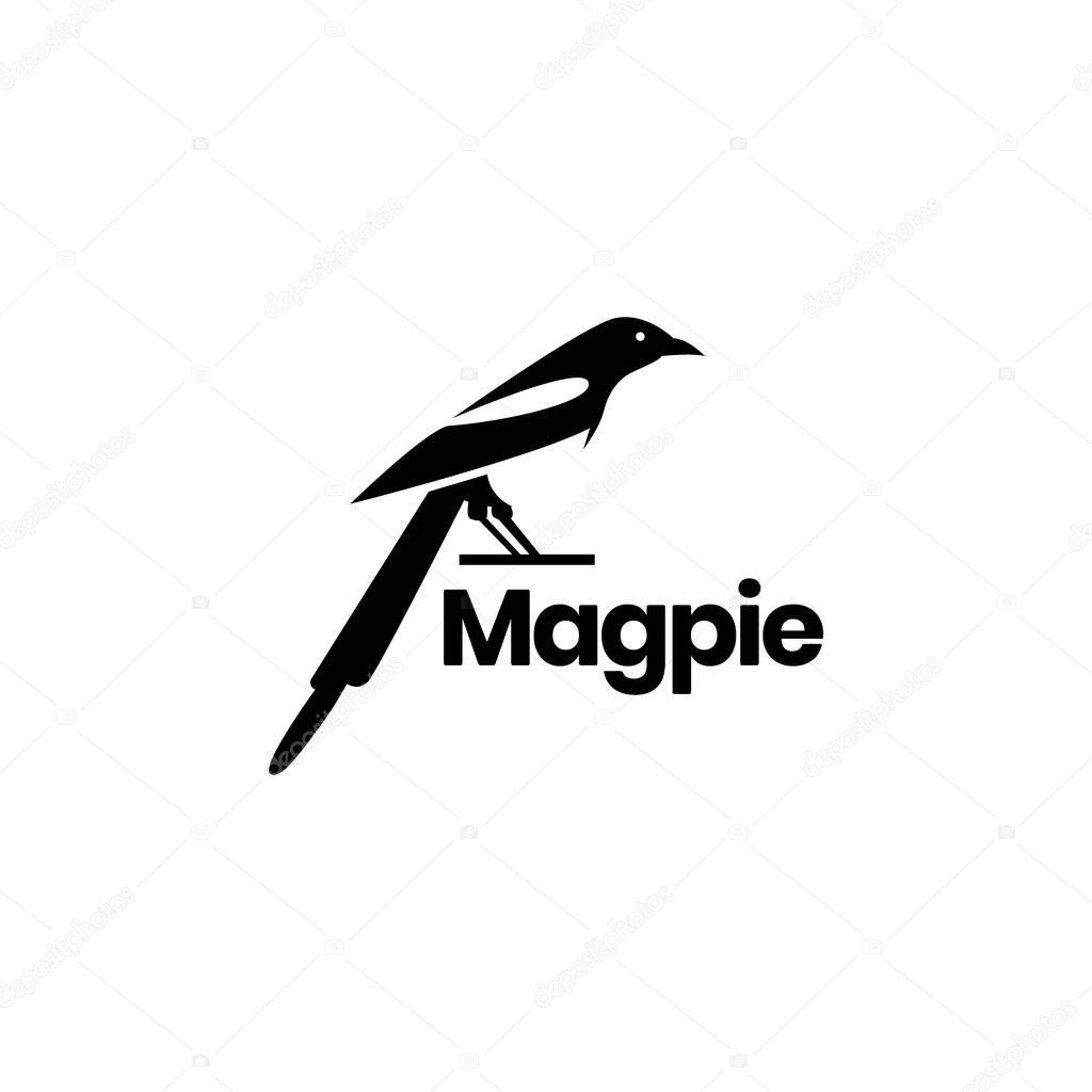 Exotics bird magpie perched branch long tail singer logo design vector icon illustration template