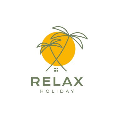 coconut trees and sunset relax holiday minimalist lines art logo design icon vector illustration