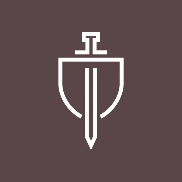 Shield Guard Secure Sword Kingdom Line Minimal Logo Design Vector — Stock Vector