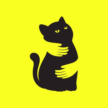 Kara kedi evcil hayvanları el aşığına sarılır basit maskot modern logo vektör ikonu resimlemesi