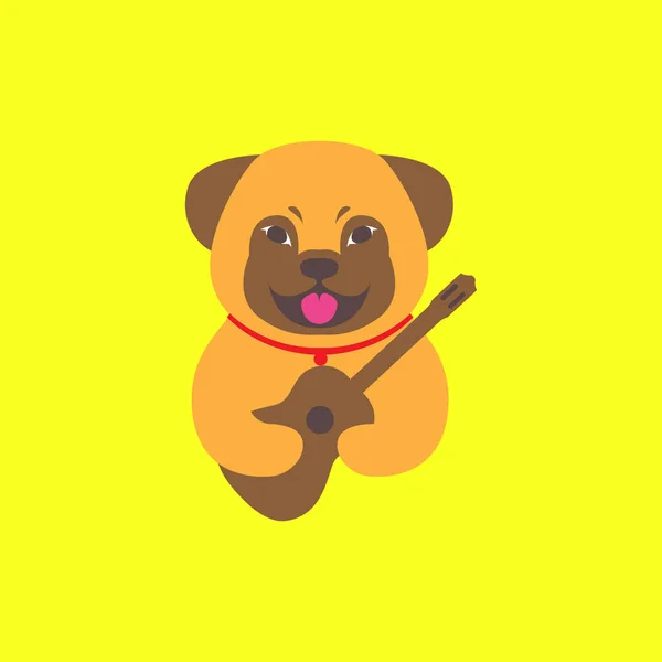 Tier Haustiere Hund Welpen Spielen Gitarre Musik Maskottchen Niedlich Logo — Stockvektor