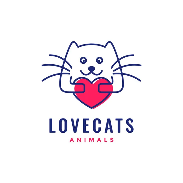 猫子猫の抱擁ハートラインアート抽象的なマスコット漫画のロゴアイコンベクトルイラスト — ストックベクタ