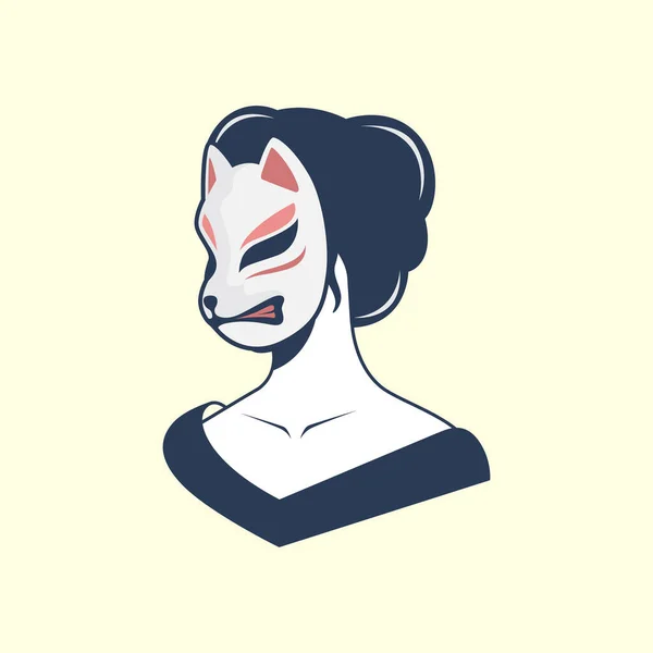 Maskeli Kedi Kitsune Japan Kadın Güzellik Kültürü Geleneksel Maskot Logo — Stok Vektör