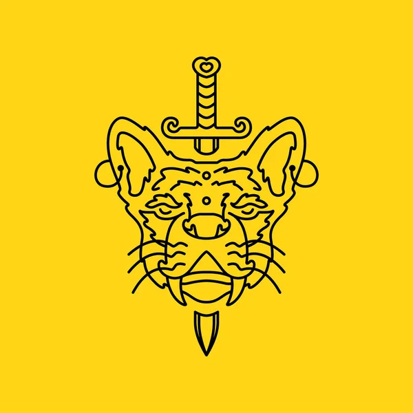 Tigre Antiguo Con Líneas Espadas Mínima Mascota Simple Logotipo Vector — Vector de stock