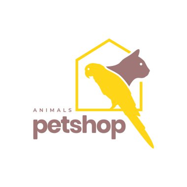 Evcil hayvanlar kafesi papağan kuşu ve kedi renkli maskot modern logo ikonu çizimi